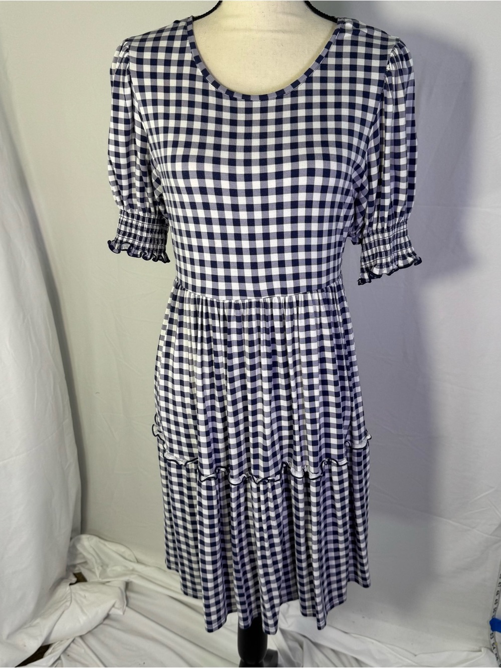 Draper James Gingham Midi Dress M Blue White Puff Sleeve Tiered
